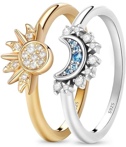 Bogoro 2 Stück Sonne und Mond Ringe, Silber 925, Verstellbar Sonne Mond Ring Set, Gold Silber Freundschaftsringe Ringe Frauen, Ring Set Sonne Und Der Mond, Matching Promise Rings Für Damen Frauen
