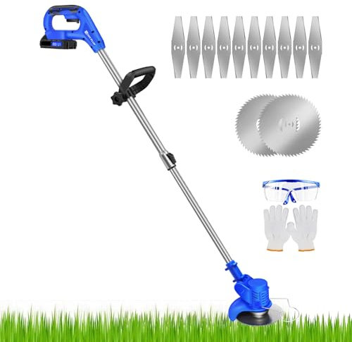 Cordless Strimmer, Electric Grass Trimmer with 1500mAh Battery, 12Pcs Replaceable Metal Blades, 6 Inch Cutting Diameter, Telescopic Strimmer/Edger for Garden, Lawn Pruning (Blue)