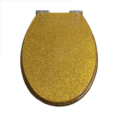 Giural Abattant WC Ovale, Couvercle de WC à Paillettes Dorées en Résine avec Fermeture en Douceur, Lunette de Toilette avec Dégagement Rapide Para Facile à Nettoyer, Charnière en Acier Inoxydable