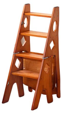 KKJPL Folding Library Ladder Chair 4-Step Stool Dual Purpose Stepladders Wooden Climb Step Display Stand Flower Stand, Maximum Load 350bls(Color 2)