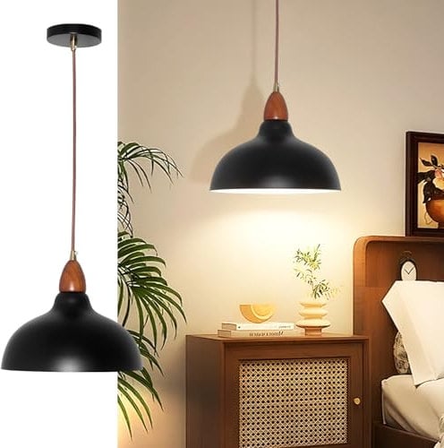 Mlihove Moderne Lampada a Sospensione per Cucina Sala da Pranzo Camera da Letto - 24CM industriali Lampada a Soffitto in legno E27 Illuminazione - Metallo Vintage LED Semicerchio Plafoniera (Nero)