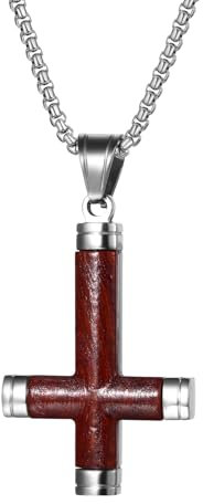 JewelryWe Umgekehrt Kreuz Holz Halskette: Silber Edelstahl Petruskreuz Umgedreht Kreuz Holzkreuz Anhänger Kette Gothic Satanische Kreuzkette Satan Kirche Amulett Schmuck für Herren Jungen