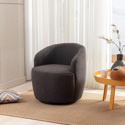 Drehsessel Teddystoff, Runder Sessel Drehbar Reading Chair Lounge Sessel Fassstuhl mit 360° Drehbarem Metallfuß Bequemer Gemütlicher Drehstuhl Ohne Rollen Schminktisch Stuhl Armlehnstuhl Lesesessel