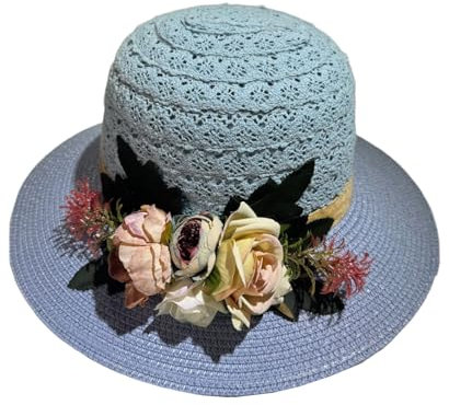 WUODHTW Sombreros de pescador de paja para mujer, sombrero de verano UV de ala ancha con flores, sombrero de viaje, paja de papel, hierba, sombrero plano Panamá, azul, Talla única
