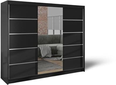 ELUKS - DELIN Sliding Doors Wardrobe with Mirror Furniture for Bedroom Living Room and Hall Wardrobe Organizer Width 100cm/120cm/150cm/180cm/200cm/WHITE/BLACK/OAK (Black, 200cm)