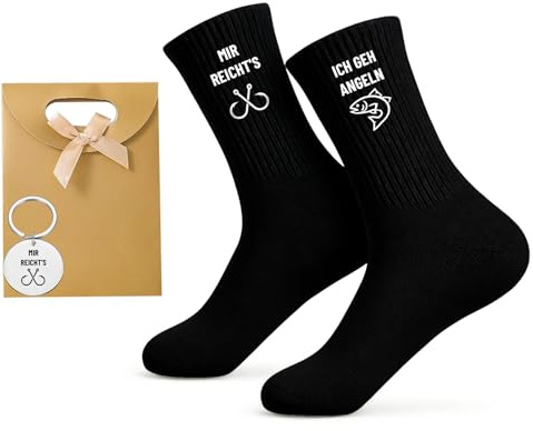 Snyvpra Angler Geschenk set – Angel Socken Herren mit, Ich geh angeln, Mir reicht’s + Angler Schlüsselanhänger + Geschenktasche, Geschenke für Männer, oder Geburtstagsgeschenk