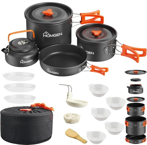 HOMGEN Aluminium Camping Cooking Set with Folding Cutlery for 4-5 People | Portable &Lightweight, Camping Pots and Pans Set,Suitable for a Camping Stove,With Storage Bag, Non Stick,For Camping Picnic