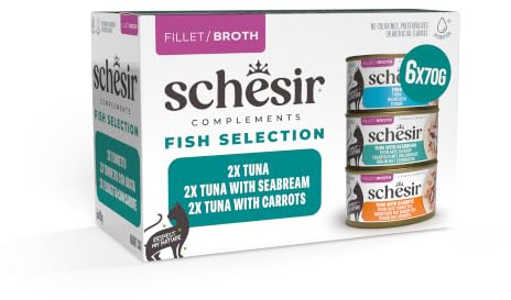 Schesir, Variety Pack, Alimento Húmedo para Gatos, en Caldo, con Vitaminas Añadidas, 100% Filetes Naturales, 6 latas de 70 g
