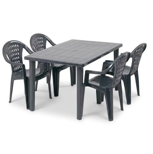 Tomaino - Tavolo e Sedie da Giardino in Plastica -Set Marshall 4 o 6 Posti – Tavolo Rettangolare - Sedie Impilabili con Braccioli per Esterno in Polipropilene - Terrazzo, Balcone, Bar (4, ANTRACITE)