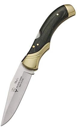 Muela Navaja GL-10G hoja de acero MoVa de 9,5 cm y empuñadura de madera prensada verde con alpaca para Caza, Pesca, Supervivencia y Bushcraft Realizado en Ciudad Real + Portabotellas de regalo