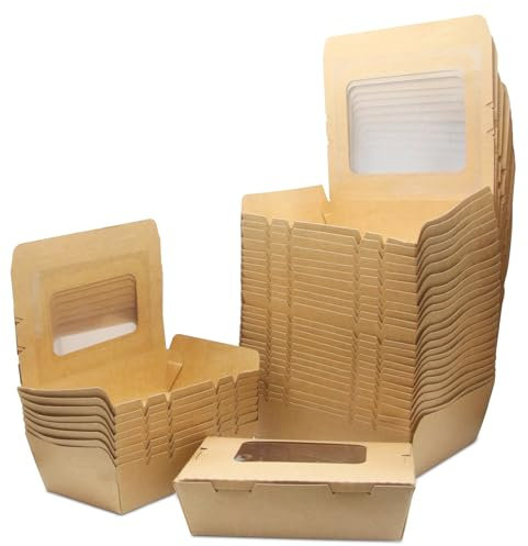 Contenedores de Ensalada de Papel Kraft, 50 Piezas Contenedores de Comida, Contenedores para Llevar, con Ventana, a Prueba de Aceite y Agua, para Sándwich, Tarta de Queso, Hamburguesa (900ml/32oz)