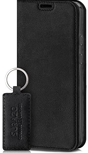 SURAZO Smart Magnetic Mobile Phone Case for Apple iPhone 12 Pro Max - Premium Genuine Leather Case Protective Cover with [Card Slot, RFID Protection] - Flip Case Wallet Case Handmade in Europe (Black)