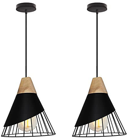 TOKIUS Suspension Luminaire Moderne Industrielle Bois Lustre Abat-jour Métal Vintage forme Cage Ø25cm Plafonnier E27 Design pour Cuisine Chambre Salon (Noir -2pcs)