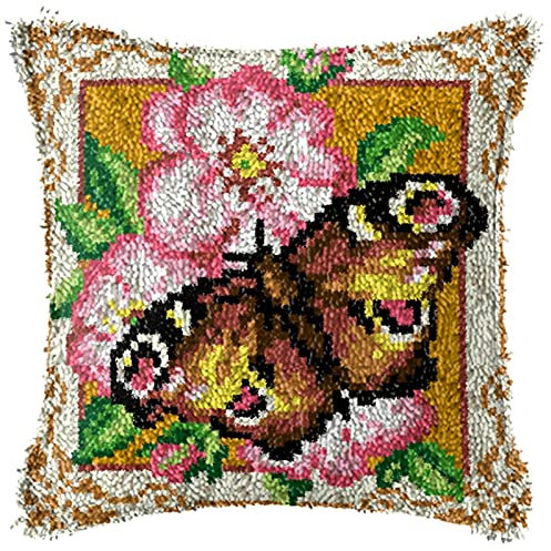 SKTWOE Knüpfset Knüpfkissen Zum Selber Knüpfen Knüpfteppiche Knüpfteppich Für Kinder Und Erwachsene Anfänger Blumen Und Schmetterlinge Kissenbezug Kreuzstich Kreativ Set DIY Handwerk Knüpfpackung