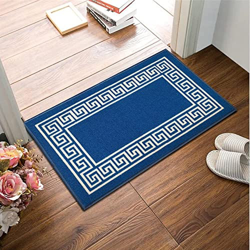 B&B Non Slip Door Mat Super Absorbent Heavy Duty | 40 x 60 cm Machine Washable Doormats for Kitchen and Office Indoor Outdoor Anti Slip Floor Mat - Greeky Rug Blue & Cream