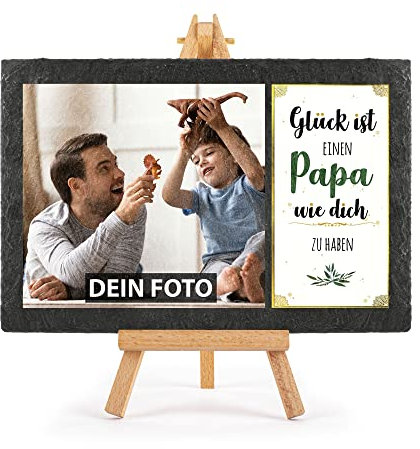 PR Print Royal Schieferplatte selbst gestalten - mit Foto bedrucken - Glück ist einen Papa wie dich zu haben - Geschenk Vatertag, Geburtstag, Weihnachten, Schiefertafel mit Staffelei, 20 x 30 cm