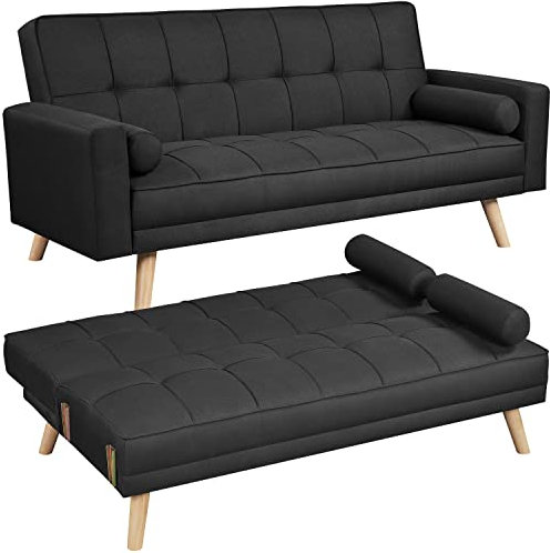 Yaheetech Modern Fabric Sofa Bed 3 Seater Click Clack Sofa Settee Recliner Couch with Wooden Legs for Living Room/Guest Room/Office, Black