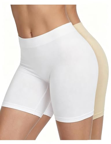 2 Pack Anti Chafing Shorts for Women, Cycling Shorts for Under Dresses Running Yoga Workout Seamless Chub Rub Panties Black (as8, alpha, l, regular, White Nude)