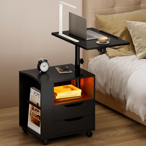 soges Nachttisch mit Beleuchtung in 16 Farben & Klapplampe, Multifunktionaler Betttisch Laptoptisch Sofatisch aus Holz mit drehbarer & neigbar Platte, 60 × 40 × 70-90 cm