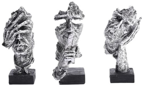Silberne Männliche Gesicht Statue – Nichts Hören/Sehen/Sagen Figuren, Stille Ist Gold Deko, Bücherregal Skulptur, Wohnzimmer Deko Modern