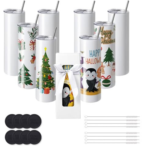 VEVOR 8 Pack Straight Sublimation Tumblers, 30 oz Blank Tumbler Bulk, Stainless Steel Double Wall Tumbler Cups with Straw, Lid, Brush, Base, Shrink Wrap, Gift Box, for Heat Press and Heat Transfer