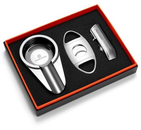 CIGARLOONG Cigar 3 Pieces Set,Stainless Steel Cigar Cutter, Windproof Lighter with Sharp Cigar Punch,Metal Cigar Ashtray Cigar Accessories Tool with Gift Box Package,Without Gas(Silver)