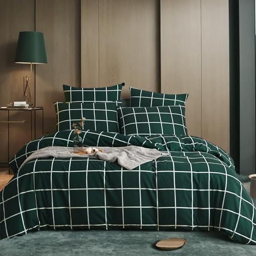Karierte Bettwäsche 135X200cm Grün Schwarz 4 Teilig Karo Bettbezug Set Zweiteilig Geometrisch Muster Microfaser Modern und 2 Kissenbezüge 80x80cm mit Reißverschluss