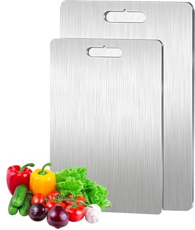 2Pcs Titanium Cutting Board for Kitchen, Stainless Steel Chopping Board Double-Sided Food Grade Metal Cutting Boards for Meat Vegetables Fruit, Durability Ultimate Cutting Board (29×20cm+39×28cm)