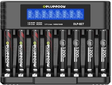 Delyeepow Batterie AAA ricaricabili con caricabatterie, batterie ricaricabili al litio da 1,5 V, 1200 mWh con display LCD, 8 slot, ricarica rapida USB, 1500 cicli