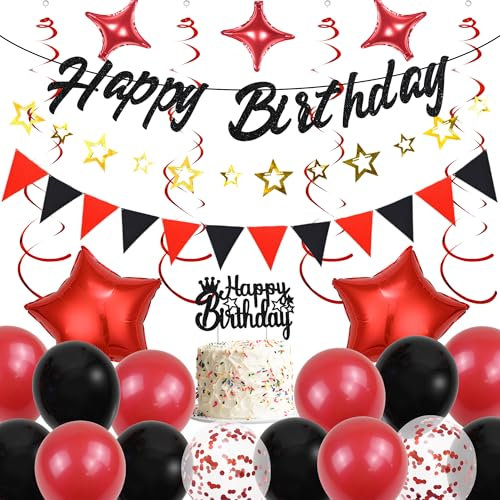 Runyuzi Geburtstagsdeko Luftballons Dekoration Set - Schwarz Rot Happy Birthday Banners mit Wimpel Sternen Girlande Kuchendeko, Sternen Folienballons Konfetti Ballons für alle Altersgruppen Geburtstag