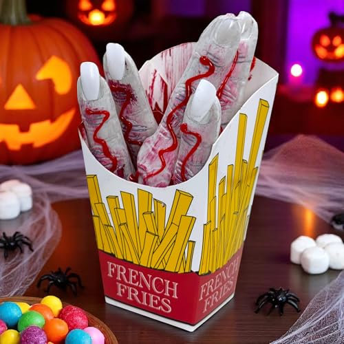 MIJOMA Décoration d'Halloween - Doigts dans une boîte à frites - Mains d'horreur assoiffées de sang - Faux doigts réalistes pour fête, buffet effrayant et décoration de table d'Halloween, environ 15
