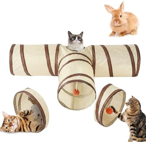 Tunnel, kaninleksak, kanintunnel, katttunnelleksak, 3-vägs husdjursspunnel, rör för kattungar, valpar, kanin, små hundar, hamstrar (beige)