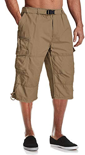 MAGCOMSEN Cargo Shorts for Men Elasticated Waist Casual Work Shorts Mens 3/4 Length Combat Trousers Lightweight Comfortable Outdoor Sports Shorts with Multi Pockets,Khaki,33 Waist
