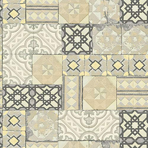 Fliesen Tapete im marokkanischen Stil | Mosaik Tapete in Hellgrau | Orientalische Tapete in Fliesenoptik für Küche und Schlafzimmer