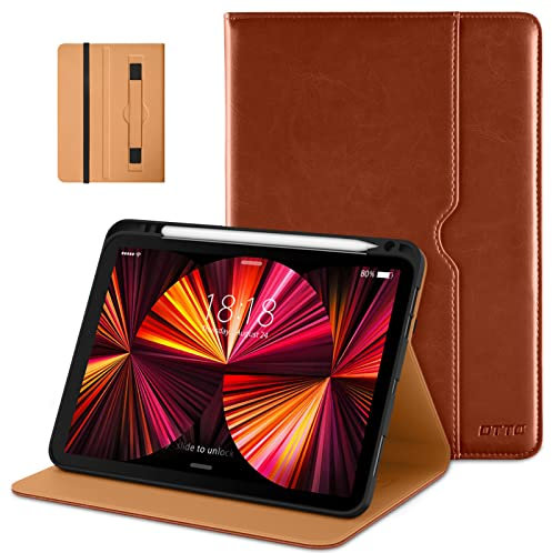 DTTO Hülle für iPad Pro 11 Zoll 4./3./2./1. Generation 2022/2021/2020/2018, Premium PU Leder Folio Ständer Cover mit Handschlaufe, Auto Wachen/Schlafen, Mehrere Betrachtungswinkel, Braun
