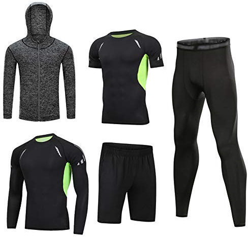 HZQIFEI Herren 5 Stücke Sport Anzug Schnell Trocken Joggen Kleidung Strumpfhosen Laufanzüge Kompression Shirt Gym Training Lauf Trainingsanzüge (Stil#2, 3XL)