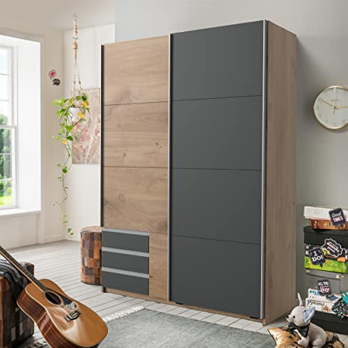 möbelando Schwebetürenschrank Schiebetürenschrank Schrank Schlafzimmer Schrank Eugenio I Plankeneiche/Graphit