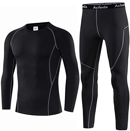 Acfoda Skiunterwäsche Herren Set Thermo Unterwäsche Männer Winter Motorrad Funktionsunterwäsche Warm Funktionswäsche Ski Thermowäsche Lange Thermounterhemd Thermounterhose Outdoor Sport Schwarz L