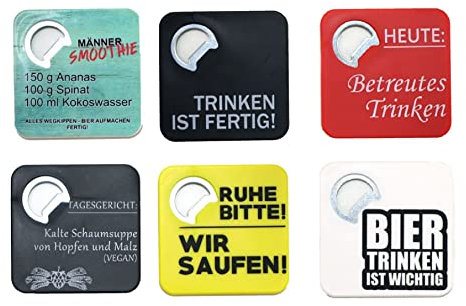 Bierdeckel und Flaschenöffner Getränkeuntersetzer Untersetzer mit lustigen Sprüchen 8,5 x 8,5 cm 6 Stück sortiert