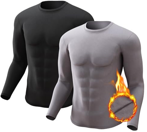 CL convallaria 2 or 4 Pack Mens Thermal Underwear Shirt Fleece Lined Long Johns Base Layer Tops Cold Weather Athletic Sport Gear 2pc Black-Grey XL