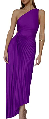 Minetom Robe de Soirée Femme Elegante Une Épaule sans Manches Plissée Party Cérémonie Mariage Demoiselle d'honneur Maxi Robe Longue Violet Foncé L