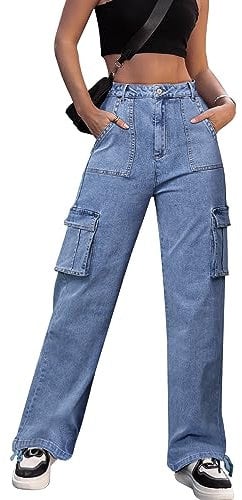 Dordanity Y2K Cargohose für Damen Baggy Hosen High Waist Wanderhose Baumwolle Arbeitshose mit Multi Taschen(Denim Blau,XS)
