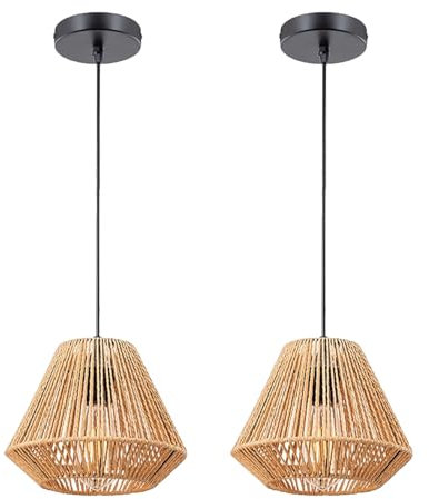 LIGKIN Pendelleuchte Rattan Boho Ø24cm Vintage Handgewebte Hängelampe E27 rhombische Hängend Höhenverstellbar Lampenschirm Industrieller Boho Rustikal Kronleuchter für Schlafzimmer Wohnzimmer 2Pcs