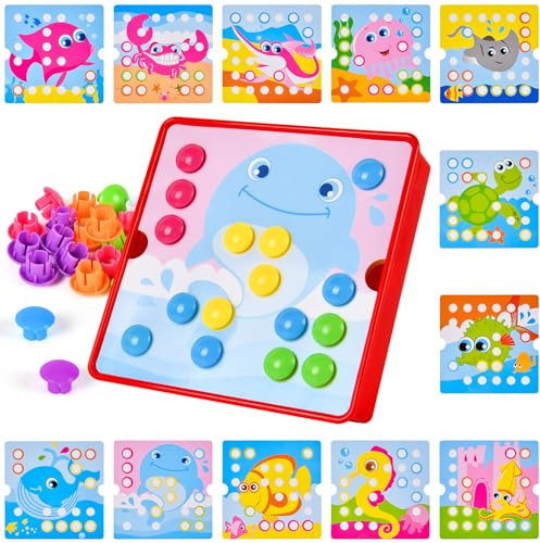 AUAUY Mosaik Steckspiel für Kinder, Kinderspiel zum Farbenlernen, Mosaik Steckspiel Set mit 12 Karten und 46 Steckperlen, Kinder Lernspielzeug, Montessori Spielzeug 2 Jahre für Geburtstag Geschenk
