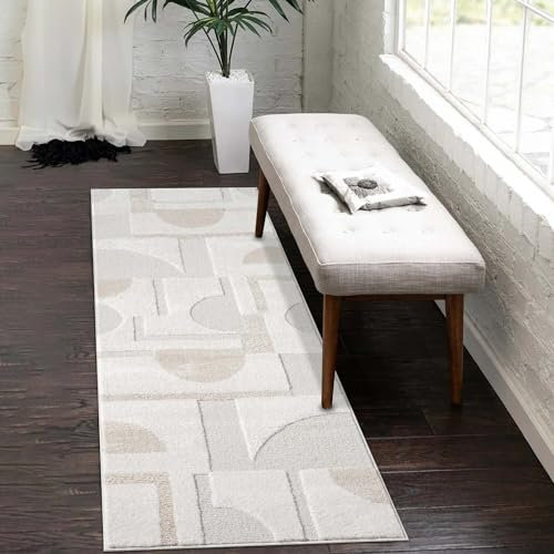 Kurzflor Teppich-Läufer Creme - 80x300 cm - Flur-Teppiche Hochtief-Muster, 3D-Effekt - Geometrisches Muster - Flachflor Bodenbelag, Deko Schlafzimmer