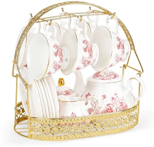 fanquare 21 Pièces de Service à Thé en Porcelaine Vintage, Feuilles de Thé Rouge Après-midi Ensemble, Service à Café en Céramique avec des Cuillères de Support pour les Femmes de Mariage