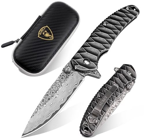 AUBEY Damast Taschenmesser Klappmesser Hochwertig mit Damaststahl Klinge, Edelstahlgriff, Gürtelclip- Scharf Einhandmesser EDC Messer Pocket Knife für Outdoor Camping Jagd Geschenk Sammeln
