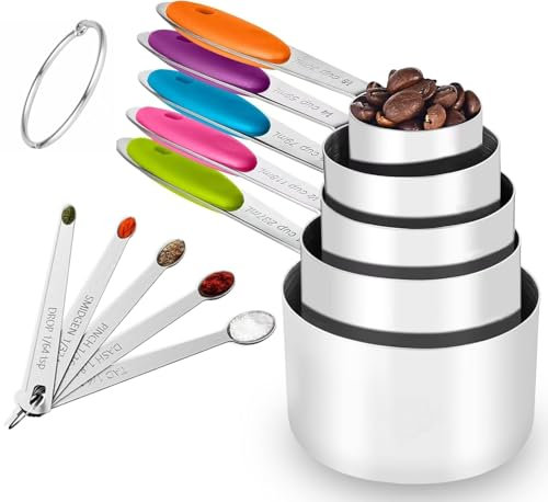 CLVEDU 10 Piece Measuring Cups and Spoons Set, 5 Stainless Steel Measuring Cups, 5 Tiny Measuring Spoons, Nesting Metal Cups & Mini Spoons for Dry and Liquid Ingredients, Cooking & Baking