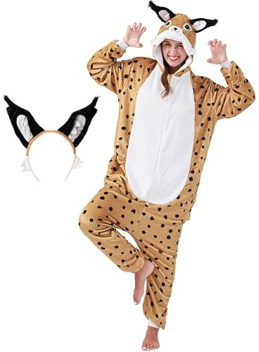 corimori Flauschiges Luchs-Kostüm für Erwachsene mit Haarreif | Karneval Kostüm Onesie für Damen, Herren | Körpergröße 180-190cm