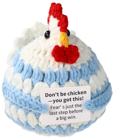 TOYMIS Positive Huhn Häkeln, Emotionale Unterstützung Gestricktes Tier mit Positiver Botschaft für Motivierendes Geschenk Zuhause Büro Auto Dekoration(Blau)